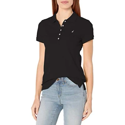 Abbildung von Nautica Damen 5 Button Short Sleeve Breathable 100% Cotton Polo Shirt Poloshirt, True Black, Mittel