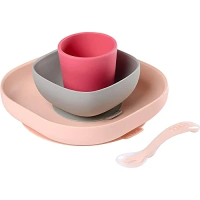 Abbildung von BÉABA, Baby Essensset aus Silikongeschirr, Mit Saugnapf, Rutschfest, 4 Teile, Teller + Schüssel Glas Löffel, Gesundes und nachhaltiges Silikon, Spülmaschinenfest, Mikrowellengeeignet, Rosa
