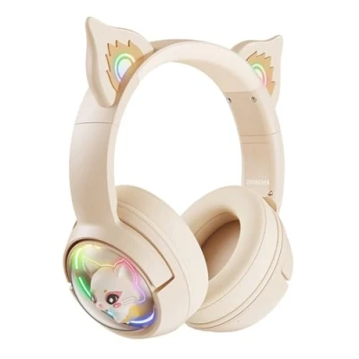 Abbildung von Bluetooth Katzenohr Kabellos Kopfhörer, Cat Ear Gaming Headset mit Mikrofon Pink RGB LED Licht Wireless Kopfhörer Katzenohren HD Stereo Sound für PC TV Tablet Spielkonsolen (Beige)