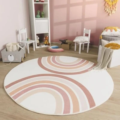 Abbildung von TT Home Babyzimmer Teppich Rund Kinderzimmer Waschbar Regenbogen Sonne, Farbe:Rosa Beige Pink, Größe:160 cm