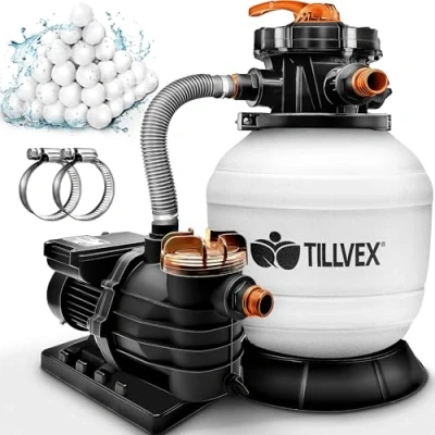 Abbildung von tillvex® Sandfilteranlage Pool 13.200L/h bis 40.000L + 1200g Filterbälle Filteranlage 7 Wege Ventil &amp; 2in1 Adapter Ø32 38mm Poolfilter Selbstansaugend Sandfilter Schwimmbecken (Weiß/Orange)