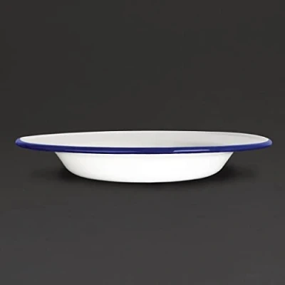 Abbildung von Olympia Emaille Suppenteller Set 245 mm/9 5/8 inch (6er Pack), Weiß mit blauem Rand, Emaillierte Stahlsuppenschalen, stapelbar, Spülmaschinenfest &amp; Backofenfest, GM513