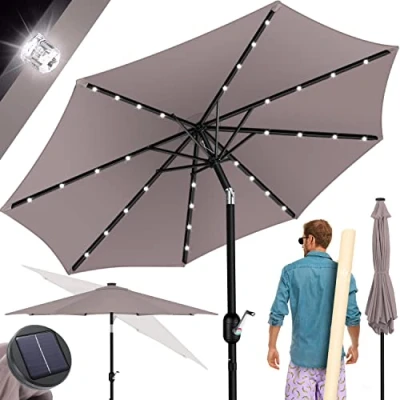 Abbildung von KESSER® Sonnenschirm Balkonschirm Rund LED Solar mit Kurbel Inkl. 2in1 Schutzhülle, Gartenschirm, Schirm Ø 265 cm für Balkon Garten &amp; Terrasse verstellbar knickbar Taupe