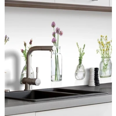Abbildung von MyMaxxi Selbstklebende Küchenrückwand Folie ohne Bohren Motiv Pflanzen in Vase Weiß Grün Rosa 60cm hoch Klebefolie Wandbild Küche Wand Deko Blumen Vasen Dekopflanzen 180 x