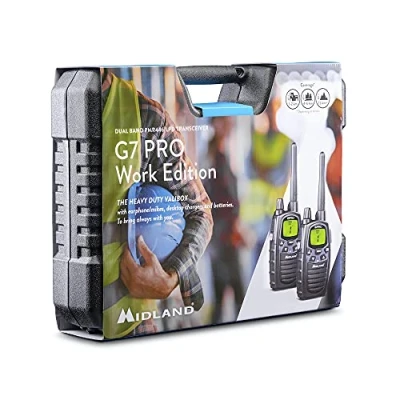 Abbildung von Midland G7 Pro PMR446 und LPD Funkgeräte 2er Kofferset, C1090.18, mit VIBRACALL Freisprechfunktion, inkl. Duostandlader MA 24 L Headsets, schwarz, Kofferset: 16 Kanäle