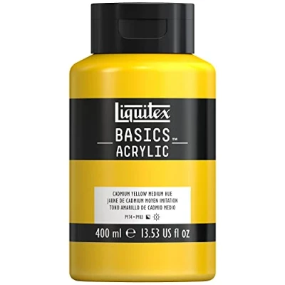 Abbildung von Liquitex 8870315 Basics Acrylfarbe, monopigmentierte Künstlerpigmente, lichtecht, mittlere Viskosität, Archivqualität, seidenglänzender Finish, 400ml Flasche Kadmiummiumgelb Mittel Farbton
