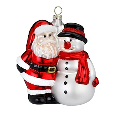 Abbildung von Christbaumschmuck Glas 11cm Weihnachtsmann mit Schneemann Weihnachtskugeln Santa Claus rot weiß