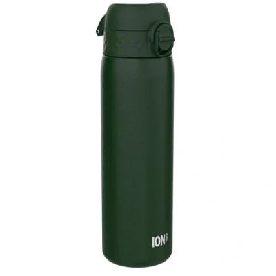 Abbildung von Ion8 Stahl Trinkflasche, 600 ml, Auslaufsicher, Einhandöffnung, Sichere Verriegelung, Spülmaschinenfest, Klappdeckel, Tragegriff, Leicht zu Reinigen, Langlebig &amp; Kratzfest, Dunkelgrün