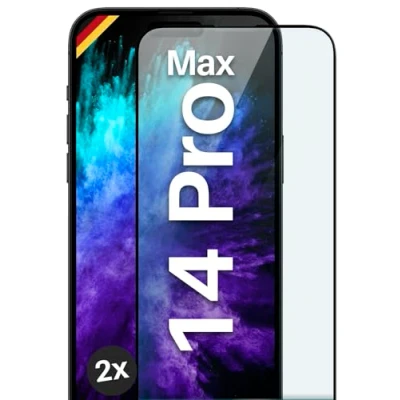 Abbildung von moex Full Screen Schutzglas kompatibel mit Apple iPhone 14 Pro Max Schutzfolie randlos, ganzer Bildschirm, Curved 3D Folie, Clear 2x Schwarz