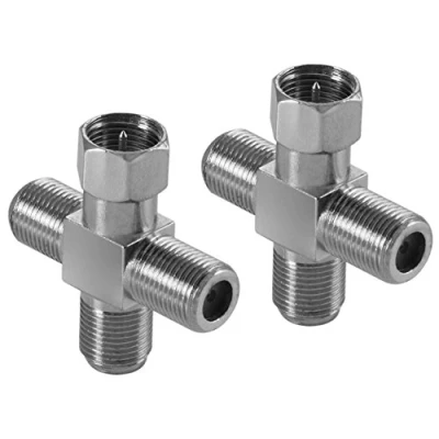 Abbildung von Poppstar 2X Sat TV Coax Verteiler Kreuz Stück (3X F Buchse auf 1x Stecker (6 Kant Mutter)) Antennen Splitter Adapter für Koaxialkabel, Antennenkabel, silbern