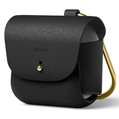 Abbildung von elago Ledertasche mit Karabiner Kompatibel AirPods 3 Hülle, Natürliche Rindsledertasche Messingringhalterung, Unterstützt drahtloses Laden (Schwarz)