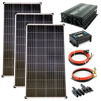 Abbildung von solartronics Komplettset 3x140 Watt Poly Solarmodul NM 1500 W Spannungswandler 30A Laderegler blau Photovoltaik Inselanlage