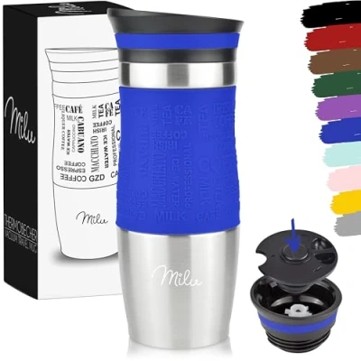 Abbildung von Milu Thermobecher Kaffee to go 370ml, 450ml Isolierbecher Kaffeebecher 100% Auslaufsicher Trinkbecher aus Edelstahl Autobecher doppelwand Isolierung Travel Mug (Blau, 370ml)