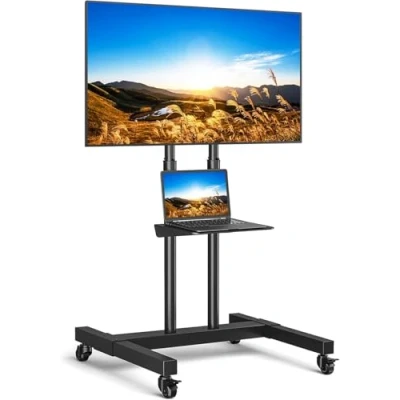 Abbildung von RFIVER TV Ständer Rollbar Fernsehständer, mit Rollen, Fernseher Wagen Staender Bodenstaender für 32 40 42 50 55 65 70 75 80 Zoll Hoehenverstellbar Schwarz Max KG Vesa 600x400 mm