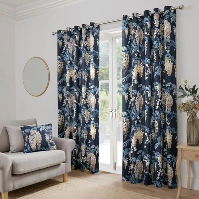 Abbildung von Dreams &amp; Drapes Marineblaue Glyzinien Vorhänge B 66 x L 90 (168 229 cm) Dunkelblaue mit Ösen Blumen blaue für Schlafzimmer Wohnzimmer sattblauer Türvorhang