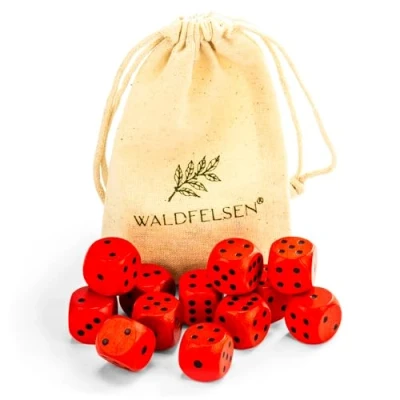 Abbildung von Waldfelsen 6, 12, 20, 30 oder 50 hochqualitative Holzwürfel aus echtem Buchenholz Augenwürfel Spielwürfel Holz in 16 mm Standardwürfel mit Stoffbeutel Würfelset (Rot, 12 Stück)