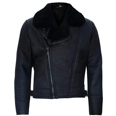 Abbildung von Infinity Leather Herren Aviator Cross Zip Shearling Schaffell Schwarz Lederjacke 2XL