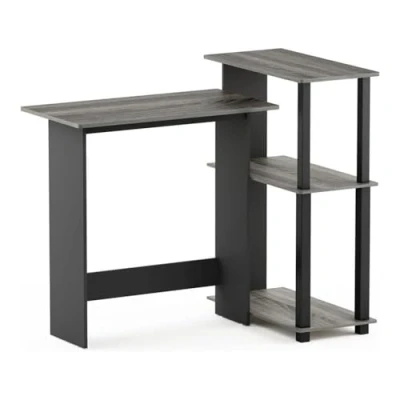 Abbildung von Furinno Abbott Schreibtisch mit 3 Ablageebenen, Holz, Französische Eiche Grau/Schwarz, 59.9 x 96.9 84.9 cm