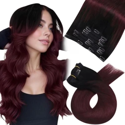 Abbildung von Moresoo Remy Echthaar Extensions Clip in Haarverlängerung Balayage Schwarz bis Weinrot Doppelt Tressen Haarextension Ombre 1B/99J 7pcs 120g 45 cm