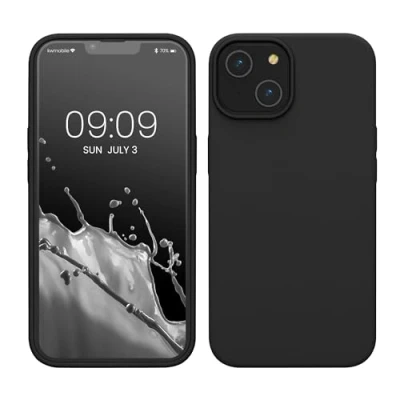 Abbildung von kwmobile Hülle für das iPhone 14 dünnes Silikon Handy Case stoßfeste Handyhülle mit weicher Oberfläche unterstützt kabelloses Laden Schwarz matt