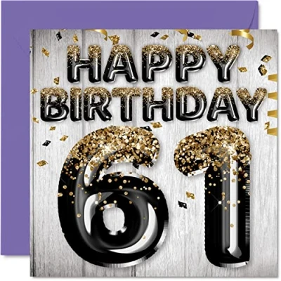 Abbildung von Stuff4 Geburtstagskarte zum 61. Geburtstag für Männer schwarze und goldene Glitzerballons Happy Karten 61 Jahre alten Mann Papa Opa Onkel 145 mm x Grußkarten Geschenk