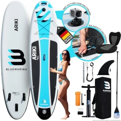 Abbildung von Bluemarina Stand Up Paddle Board Ariki aufblasbar 𝟓 𝐉𝐀𝐇𝐑𝐄 𝐆𝐀𝐑𝐀𝐍𝐓𝐈𝐄 bis 120 kg Tragkraft inkl. Doppelhub Pumpe &amp; Rucksack 305x76x15cm SUP Paddling (Ariki 305x76x15cm)
