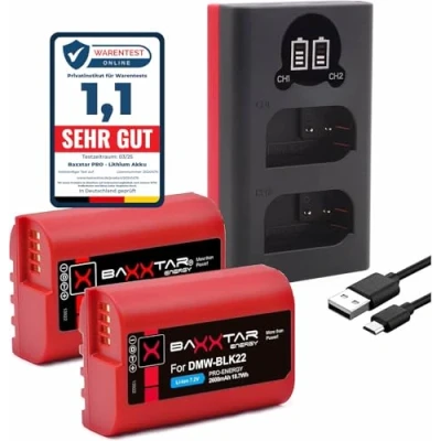 Abbildung von Baxxtar Pro DMW BLK22 E 2400mAh Kamera Akku Pack mit Ladegerät Mini LCD DUAL (USB C/MicroUSB) zu Lumix DC S5 S5II X G9 GH5 II GH5S