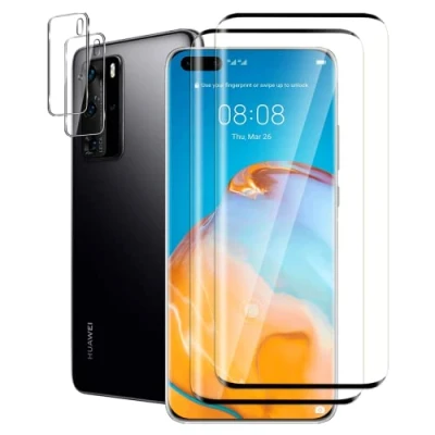 Abbildung von FWang Temperglas Kompatibel mit Huawei P40 Pro,3D Volle Bedeckung,9H Härte,kratzfest,blasenfrei,HD,2 Schutzfolie und 2 Kamera
