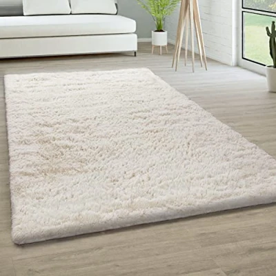 Abbildung von Paco Home Hochflor Teppich Wohnzimmer rutschfest Fellteppich Shaggy Flauschig Weich Modern Kunstfell Fell Imitat Einfarbig, Grösse:120x170 cm, Farbe:Ivory (Creme)