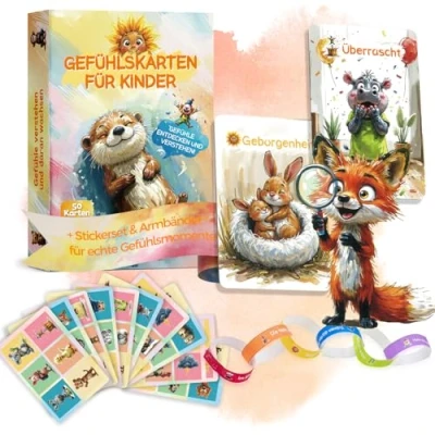 Abbildung von Gefühlskarten Kinder 50 Karten Emotionskarten zur Förderung der emotionalen Entwicklung &amp; Selbstwahrnehmung 6 Themen Soft Touch Oberfläche Inkl. Sticker Armbänder Geschenk ab 4 Jahren