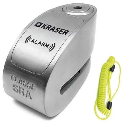 Abbildung von KRASER KR10S Motorrad Alarm Vorhängeschloss, 120dB Double Lock Anti Diebstahl Bike Disc Clip mit Warnschutz Scooter Discs, Edelstahl, ø10mm