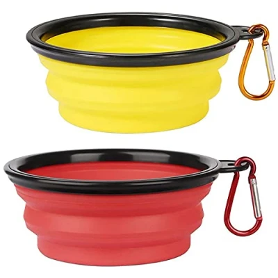 Abbildung von zusammenklappbarer Hundenapf, Wassernapf für Katzen, Hunde, tragbarer Futternapf mit Karabiner (klein (350 ml), Rot + Gelb