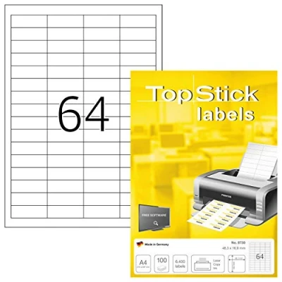 Abbildung von TopStick 8730 Universal Etiketten, 100 Blatt, 48,3 x 16,9 mm, 64 pro A4 Bogen, 6400 Stück, selbstklebend, bedruckbar, matt, blanko Papier Klebeetiketten Aufkleber, weiß