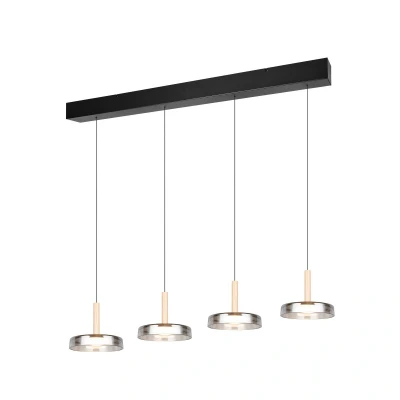 Abbildung von TRIO Leuchten LED Pendelleuchte CELESTE, B 115 x H 200 cm, 4 flammig, Schwarz, Dimmfunktion, Höhenverstellbar, fest integriert, Extra Warmweiß, Transparent, Holz, Glas, Metall