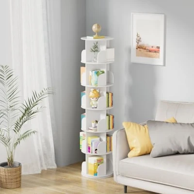 Abbildung von tonchean 6 stufiges Drehbares Bücherregal 360 Drehbar Aufbewahrungs Regal Multifunktionales Standregal Lagerregal, Rotating Bookshelf Weiß für Schlafzimmer Kinderzimmer Wohnzimmer Büro