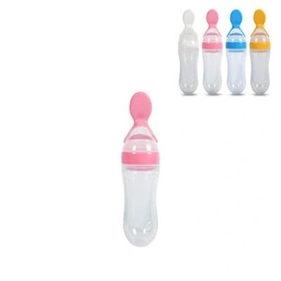 Abbildung von Baby Getreide Fütterungs Flasche, 1 Stück 90 ml Silikon Flasche Squeeze Feeder, Reis Müsli Püree Fläschen für Säugling/Kleinkinder/Kinder mit Löffelabdeckung(Rosa)