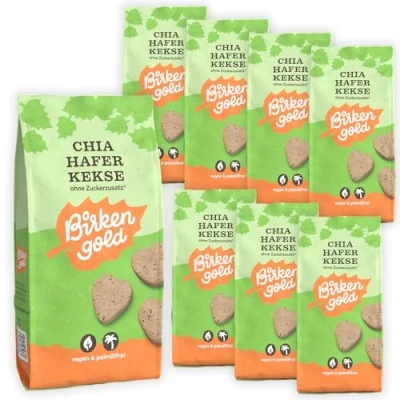Abbildung von Birkengold Chia Hafer Kekse, 7x125 g ohne Zuckerzusatz 100% mit europäischem Xylit gesüßt vegan gesundes Naschen Bio Samen