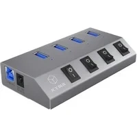 Abbildung von ICY BOX IB Hub1405 4 fach USB 3.0 Hub und Ladegerät, An /Ausschalter für jeden Port, Netzteil (5V/4A), Aluminium, Ladestandard BC 1.2, grau