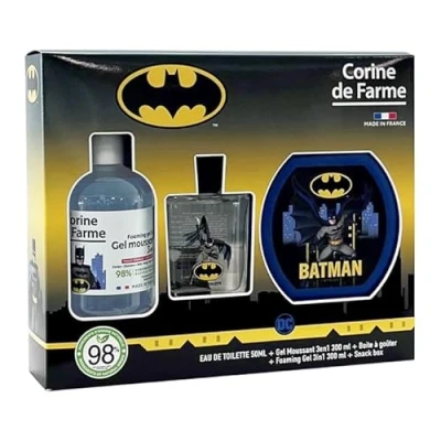 Abbildung von Corine de Farme Batman Set mit Eau Toilette 50 ml, Schaumbad 300 ml und Brotdose Geschenk für Jungen Duft Kinder Blumenmoschus fruchtiges Gel 3 in 1