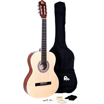Abbildung von RayGar Akustikgitarrenset (4/4 Größe, mit Nylonsaiten, inkl. Tasche, Gurt, Plektrum, Stimmpfeifen natural