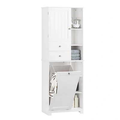 Abbildung von SoBuy BZR104 W Hochschrank mit ausklappbarem Wäschesack Badezimmer Schrank Badschrank schmal Wäscheschrank Badregal Badezimmerschrank Badezimmermöbel Weiß BHT ca. 60x171x37cm