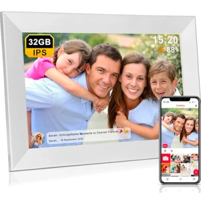 Abbildung von Frameo WLAN 32GB Digitaler Bilderrahmen 10,1 Zoll, HD 1280 * 800 IPS Touchscreen Elektronischer FotoRahmen, Auto Drehung, Einfache Weitergabe von Fotos Videos über App Weiß