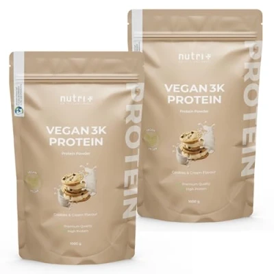Abbildung von Nutri + Eiweißpulver Vegan Cookies &amp; Cream 2 kg 3k Protein Powder Veganes Proteinpulver ohne Laktose Proteinisolat Pulver mit Keks Geschmack