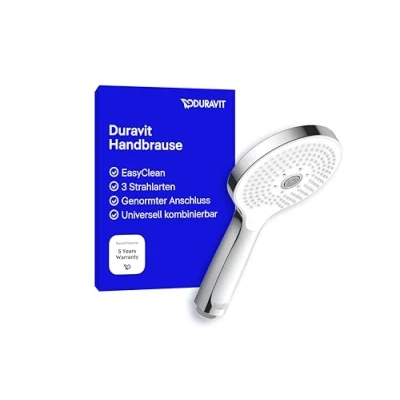 Abbildung von Duravit Universal Duschkopf, Duschbrause mit 3 Strahlarten (Rain, Pulse, Mono), Handbrause rund (Ø 120 mm), Brausekopf reinigungsfreundlichen Silikonnoppen, Chrom/Weiß