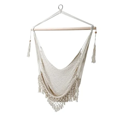 Abbildung von PATIO Hängesessel Outdoor Indoor Schaukel zum Hängen bis 100 kg mit Fransen Holzstabe Poly Baumwolle Ecru Boho Stil