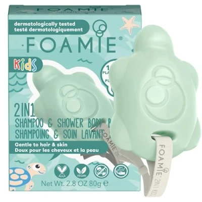 Abbildung von Foamie Kinder Shampoo und feste Seife 2 in 1 Schildkrötenform mit sanfter Aloe Vera Mandelöl für die Haut 100% vegan plastikfrei, 80 g