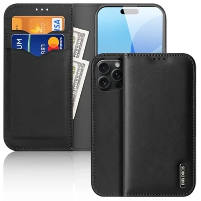 Abbildung von DUX DUCIS [Hivo Series Case Designed for Apple iPhone 16 Pro, Genuine Leather with Wallet/Card Slot, Flip Phone Cover RFID Blocking Material Black