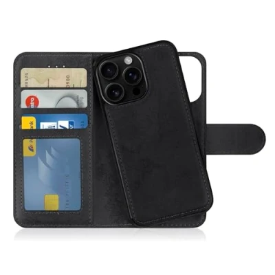 Abbildung von MyGadget Flip Case für iPhone 16 Pro [ abnehmbare Magnet Hülle ] Handyhülle aus Kunstleder Klapphülle mit Kartenfach Schutzhülle in Schwarz