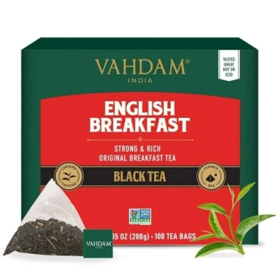 Abbildung von VAHDAM, Englischer Frühstück Schwarzer Tee (100 Teebeutel) Hohe Koffein, Glutenfrei Kräftiger &amp; Robuster Schwarztee Kaffee Ersatz Verpackt in Indien Brühen Sie Heiß, Eis oder Kombucha