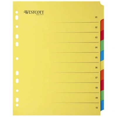 Abbildung von Westcott Register für Ordner A4+ überbreit Trennblätter Din A4 10 farbige Tabs extrabreit in 5 Farben als Organizer Robuste 230g/m² mit Eurolochung E 1733313 00